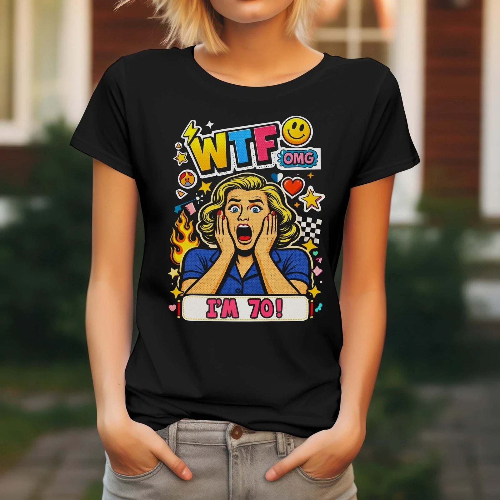 Ladies 70th Birthday WTF OMG Pop Art Funny Party Gift - Adult & Kids T-Shirts, Sweatshirts & Hoodies apparel design preview 1