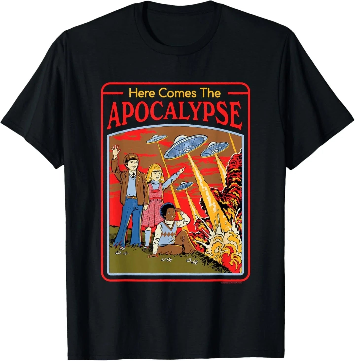 Steven Rhodes Here Comes The UFO Apocalypse Retro - Adult & Kids T-Shirts, Sweatshirts & Hoodies apparel design preview 1