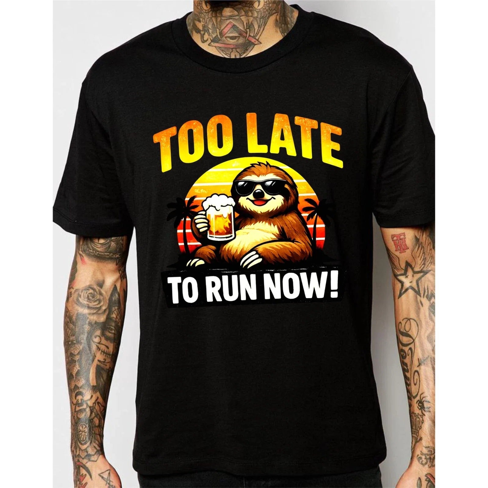 Funny Sloth Drinking Beer Lazy Mode Retro Sunset - Adult & Kids T-Shirts, Sweatshirts & Hoodies apparel design preview 1