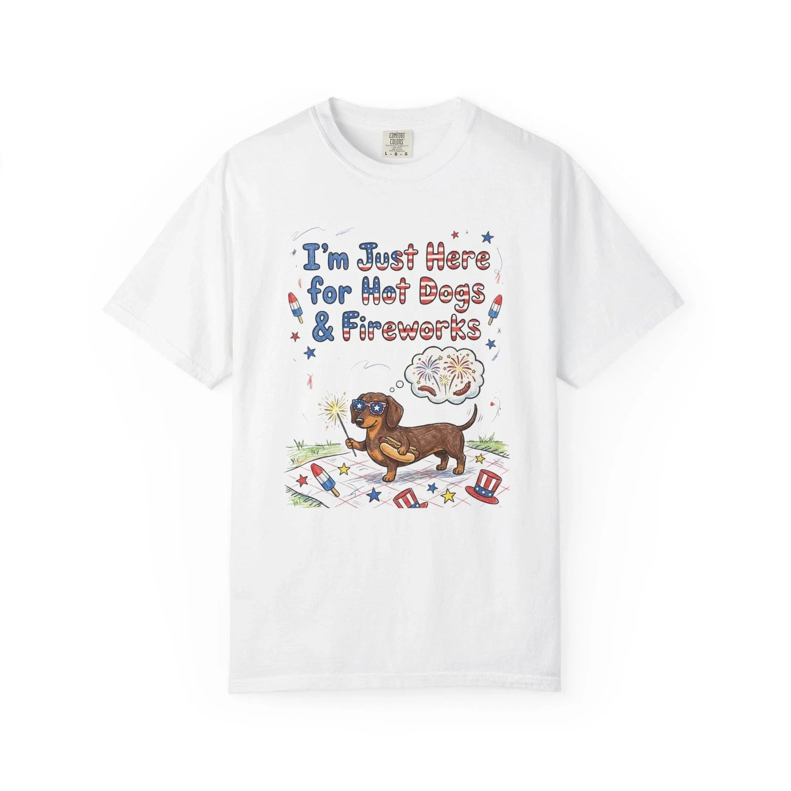 Hot Dogs Fireworks Dachshund Fourth of July Cotton, - Adult & Kids T-Shirts, Sweatshirts & Hoodies apparel design preview 1