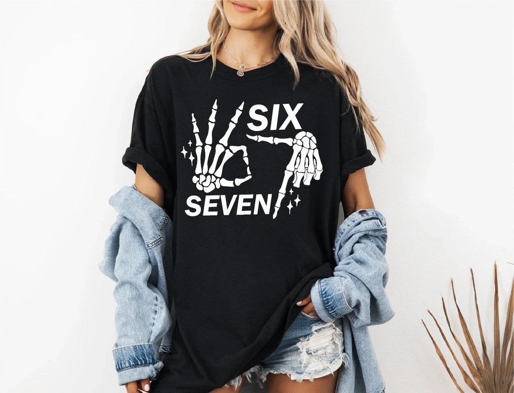 6 7 Meme Funny Skeleton Hands Halloween hirt, Six - Adult & Kids T-Shirts, Sweatshirts & Hoodies apparel design preview 1