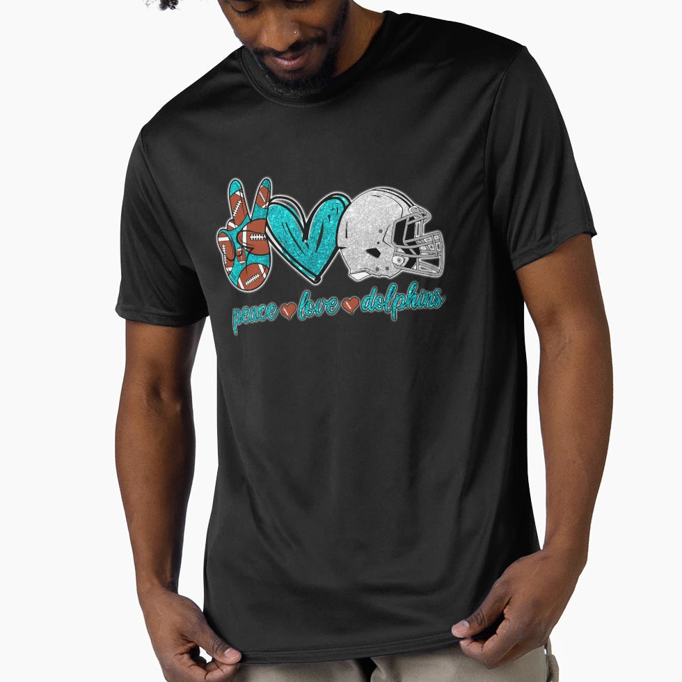 Peace Love Dolphins Football Team T-Shirt - Fun Novelty Design Unisex - T-Shirt, Sweatshirt, Hoodie