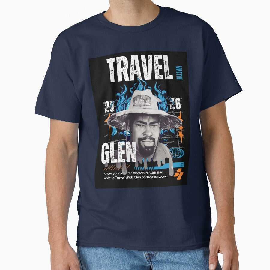 Travel With Glen V3 Blue bk-bg Signature Portrait Art - Adult & Kids T-Shirts, Sweatshirts & Hoodies apparel design preview 1
