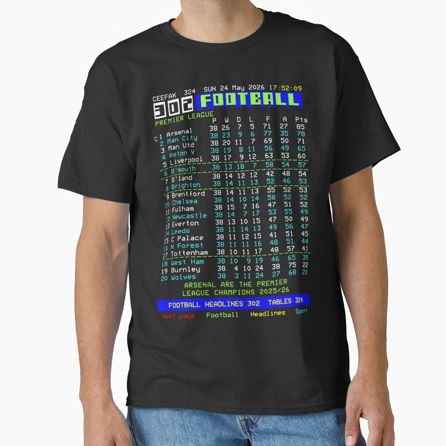 2026 Season Ceefax Final League Table T-Shirt - Unique Graphic Men Women - T-Shirt, Sweatshirt, Hoodie