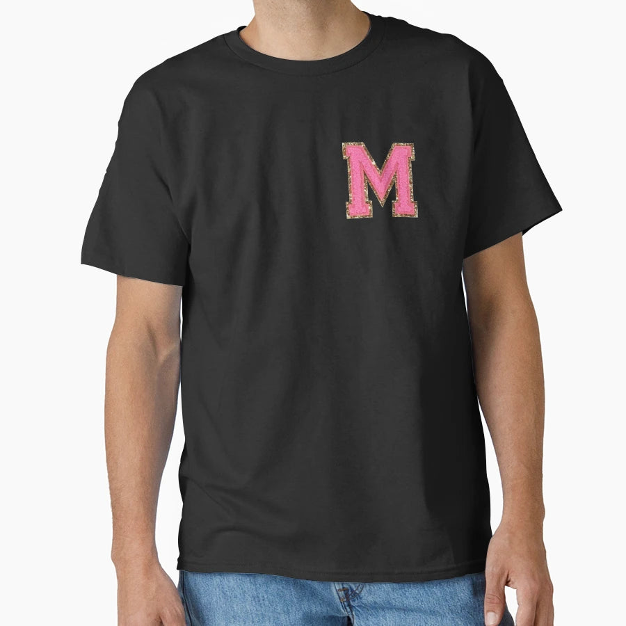 M Bubblegum Glitter Varsity Letter Patches T-Shirt - Graphic Print Unisex - T-Shirt, Sweatshirt, Hoodie