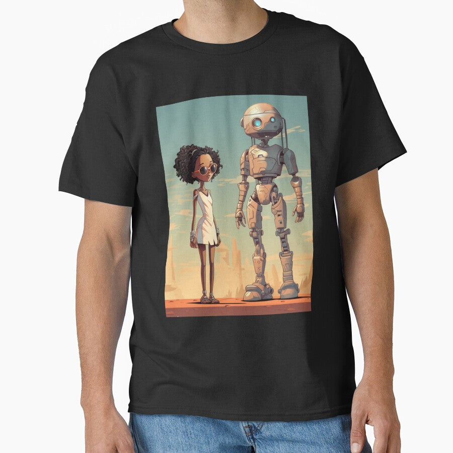 Afrofuturist Girl With Robot Companion by RTFaulkner - Adult & Kids T-Shirts, Sweatshirts & Hoodies apparel design preview 1