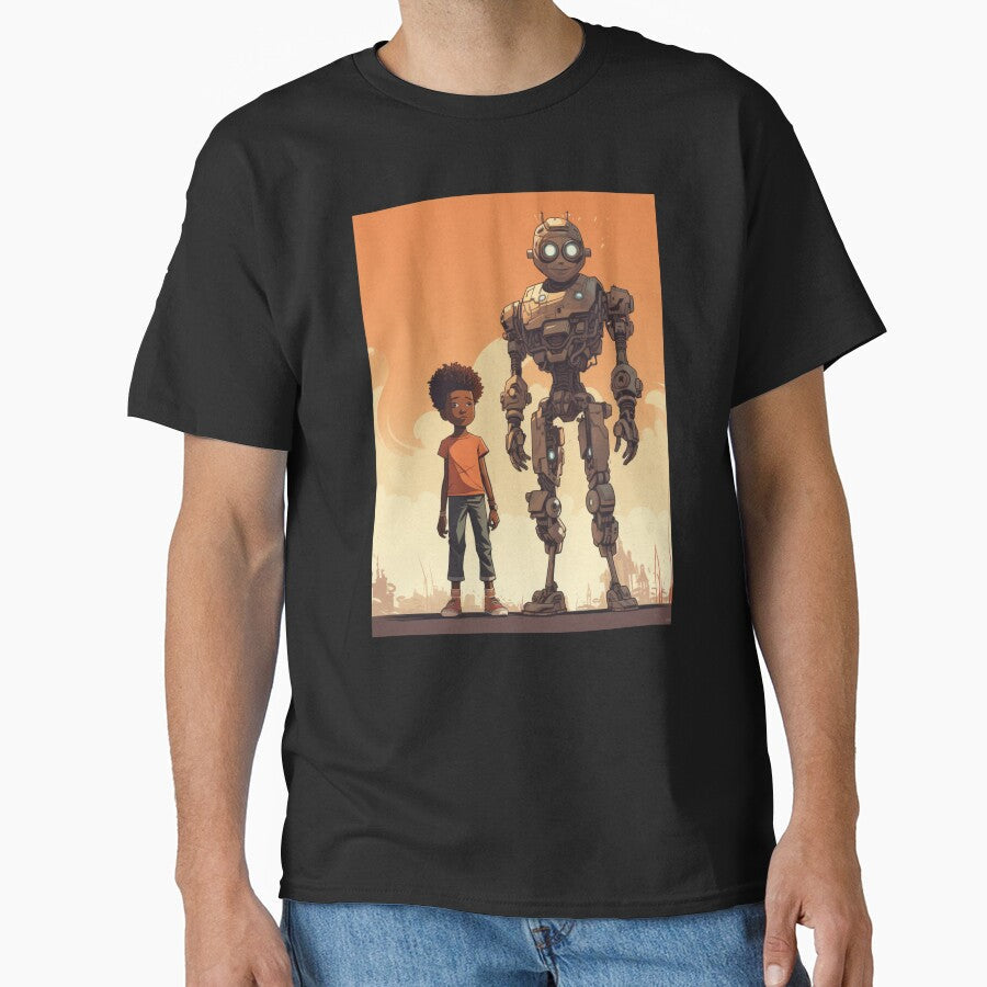 Afrofuturist Boy With Robot Guardian by RTFaulkner - Adult & Kids T-Shirts, Sweatshirts & Hoodies apparel design preview 1