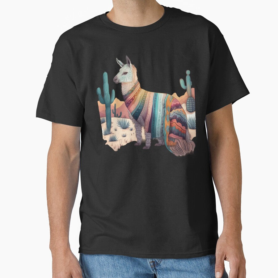 A charming llama wearing boho-inspired blanket by - Adult & Kids T-Shirts, Sweatshirts & Hoodies apparel design preview 1