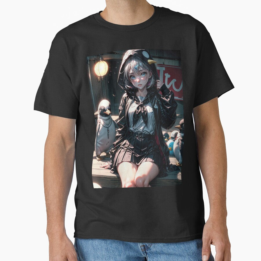 Gothic anime girl with penguins portrait art by - Adult & Kids T-Shirts, Sweatshirts & Hoodies apparel design preview 1