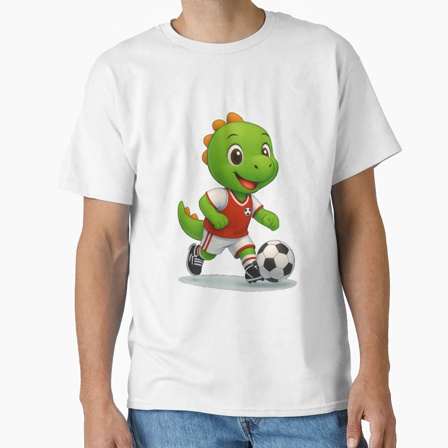 Happy Green Dino Kicking Soccer T-Shirt - Casual Everyday Wear for Adults - T-Shirt, Sweatshirt, Hoodie