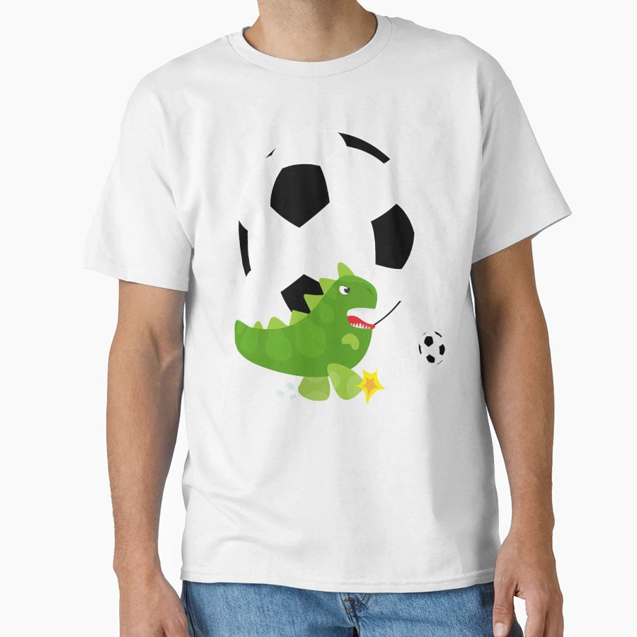 Dinosaur Playing Soccer Navy Background T-Shirt - Unique Graphic Men Women - T-Shirt, Sweatshirt, Hoodie