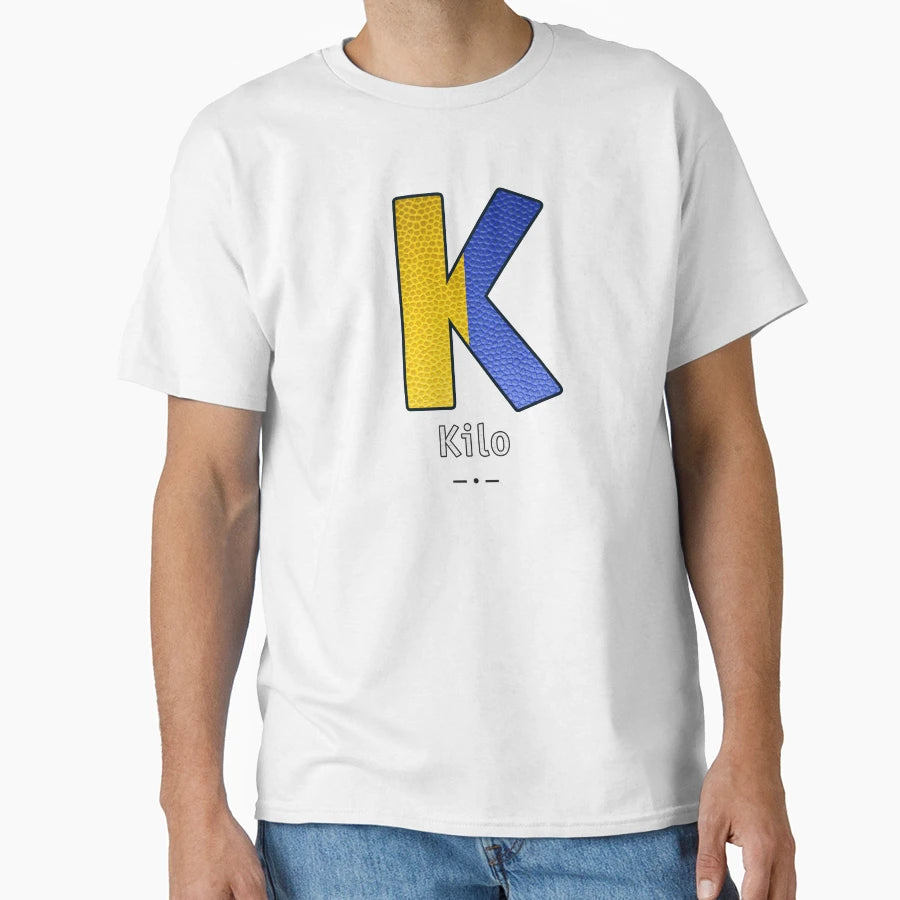 Kilo Navy Alphabet Leather T-Shirt - Minimalist Print Unisex - T-Shirt, Sweatshirt, Hoodie