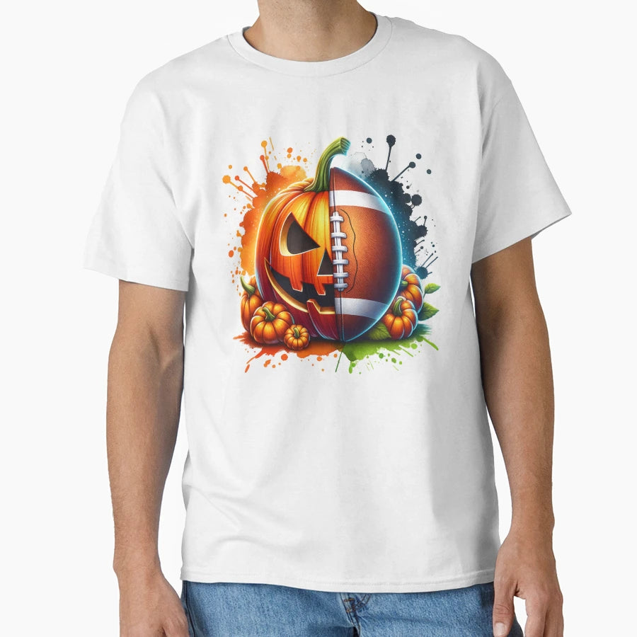 Pumpkin Football Halloween Fall T-Shirt - Custom Art Print Men Women - T-Shirt, Sweatshirt, Hoodie