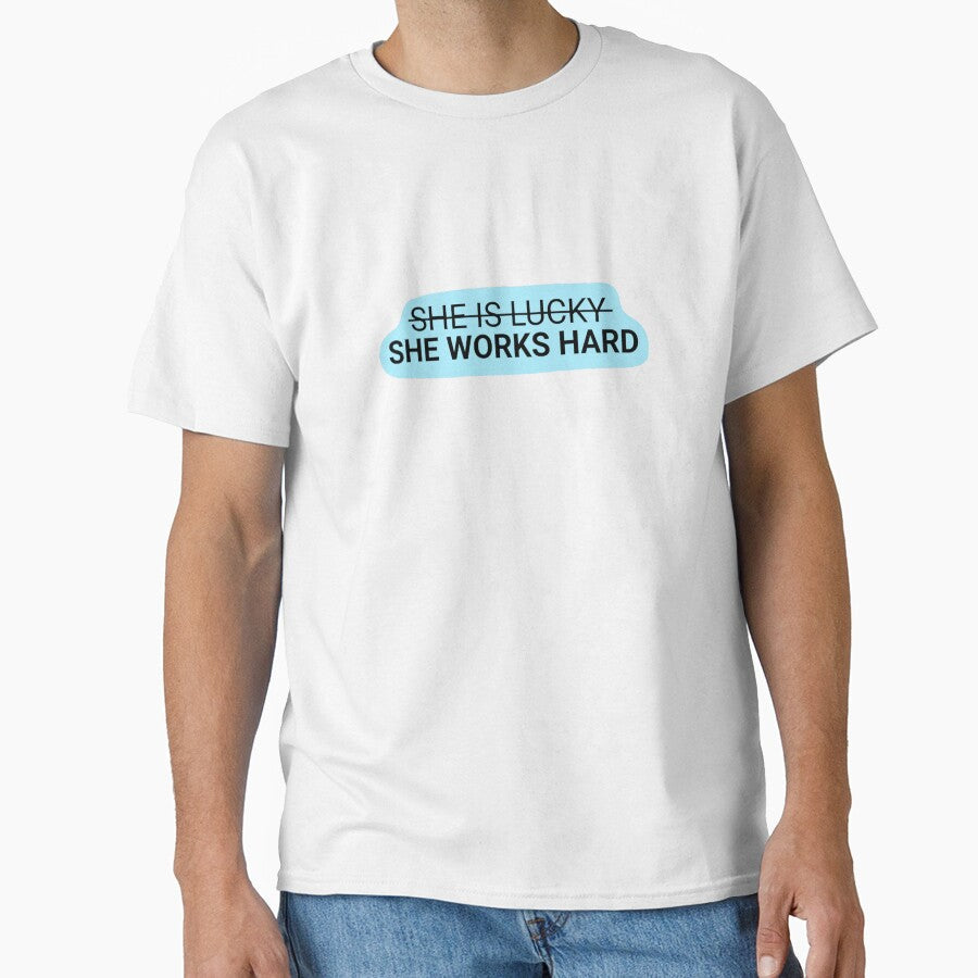 She is lucky, works hard in blue, Quotes Minimalistic - Adult & Kids T-Shirts, Sweatshirts & Hoodies apparel design preview 1