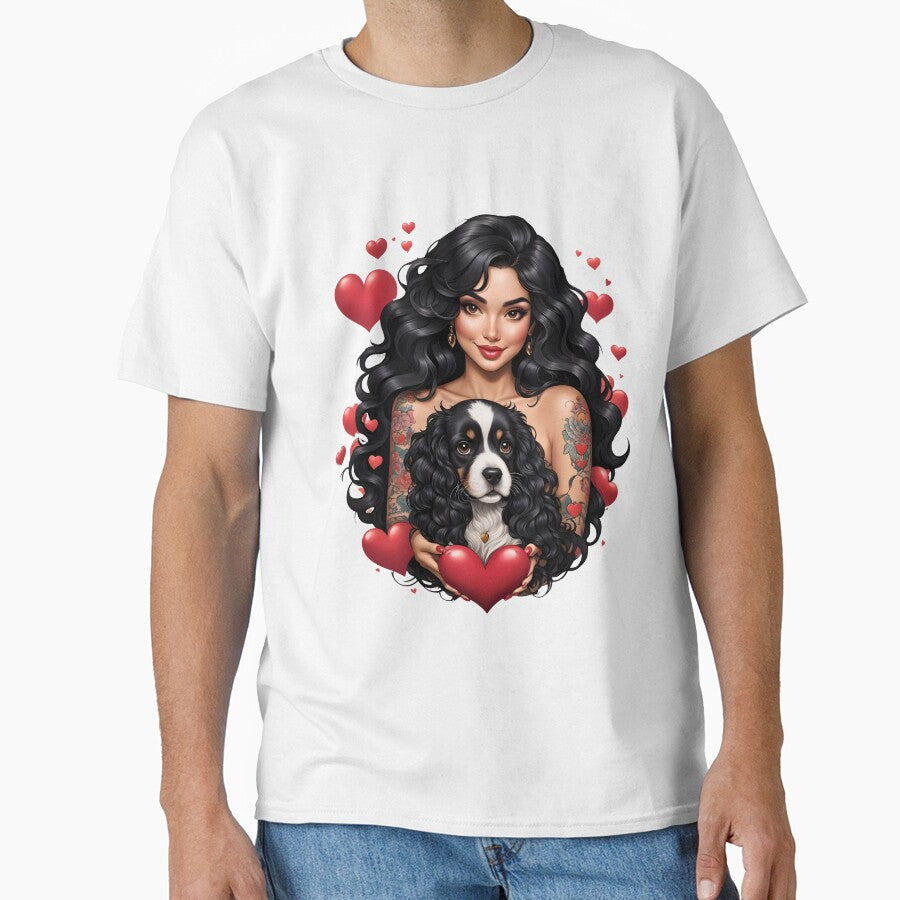 Beautiful Latina with cute puppy love retro vintage - Adult & Kids T-Shirts, Sweatshirts & Hoodies apparel design preview 1