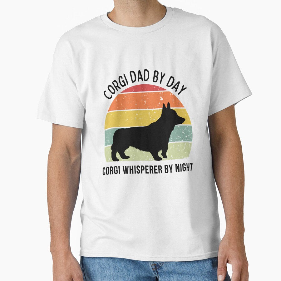 Retro Sunset Corgi Dad by Day design black text - Adult & Kids T-Shirts, Sweatshirts & Hoodies apparel design preview 1