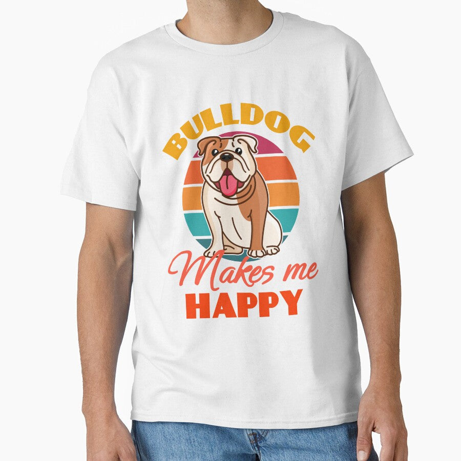 Bulldog Makes Me Happy Dog puppy Lover Cute Sunser - Adult & Kids T-Shirts, Sweatshirts & Hoodies apparel design preview 1