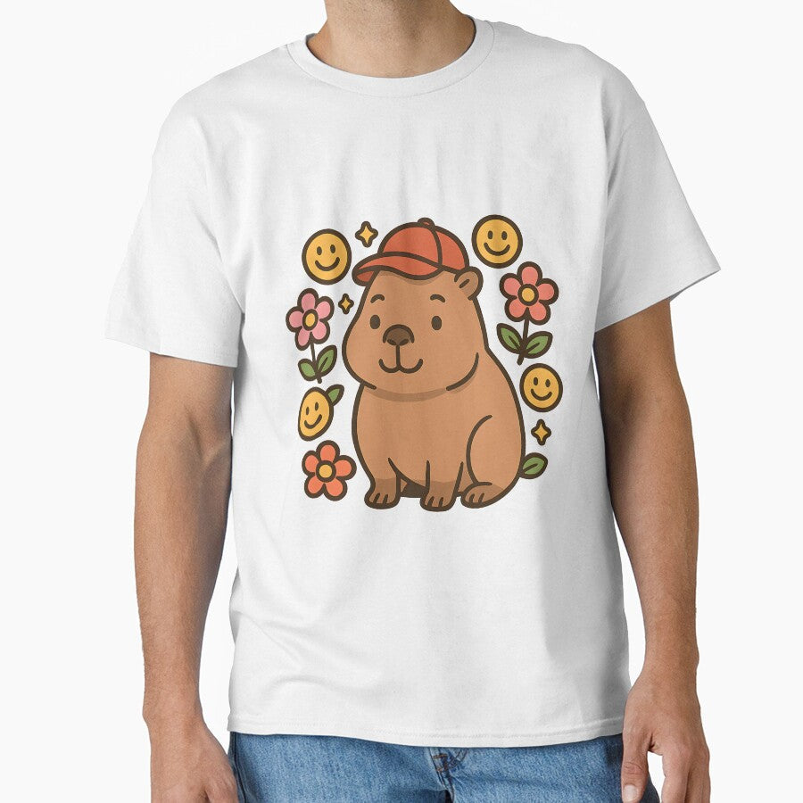 Capybara with Cap and Flowers by FunnySignalStudio - Adult & Kids T-Shirts, Sweatshirts & Hoodies apparel design preview 1