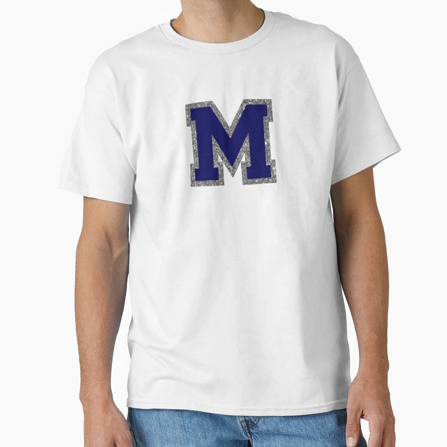 Silver And Navy Varsity Letter M T-Shirt - Trendy Graphic Unisex - T-Shirt, Sweatshirt, Hoodie
