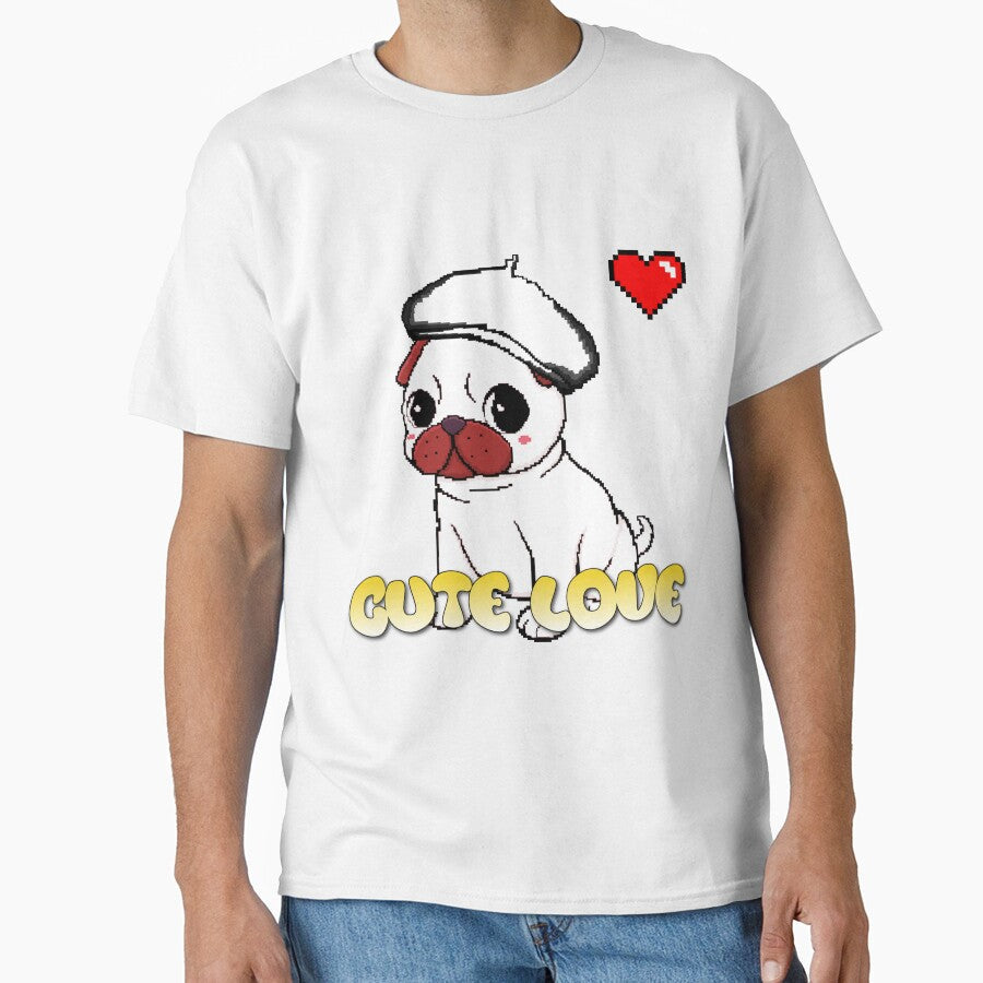White Pug Puppy Heart Pixel Art by PopDigital - Adult & Kids T-Shirts, Sweatshirts & Hoodies apparel design preview 1