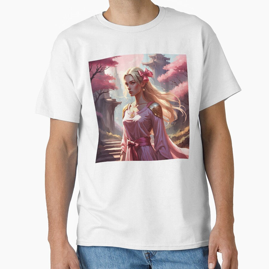 Young Fantasy Heroine Among Pink Blossoms by - Adult & Kids T-Shirts, Sweatshirts & Hoodies apparel design preview 1