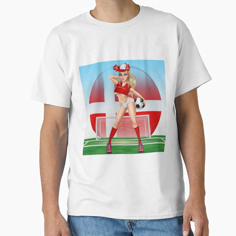 Danish Football Fan Goal Background T-Shirt - Trendy Graphic for Adults - T-Shirt, Sweatshirt, Hoodie