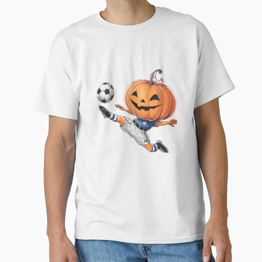 Pumpkin Soccer Player Funny Ball T-Shirt - Minimalist Print for Adults - T-Shirt, Sweatshirt, Hoodie