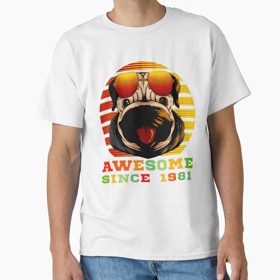 Birthday Vintage Pug Dog Puppies Awesome Since 1981 - Adult & Kids T-Shirts, Sweatshirts & Hoodies apparel design preview 1