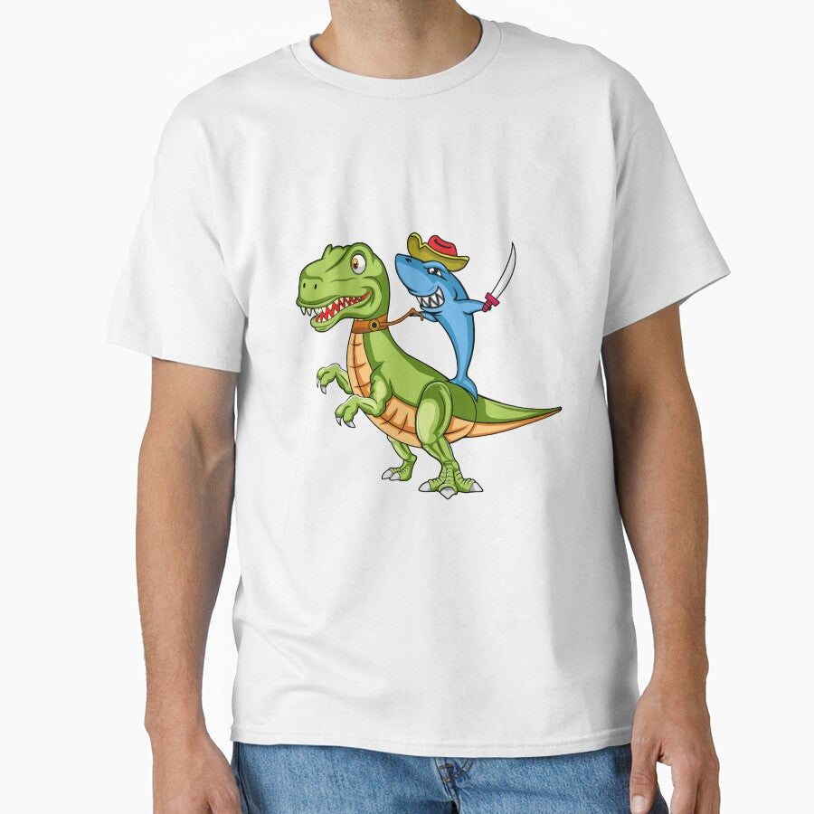 Cute Pirate Shark Riding Dinosaur T-Rex in The Kawaii - Adult & Kids T-Shirts, Sweatshirts & Hoodies apparel design preview 1