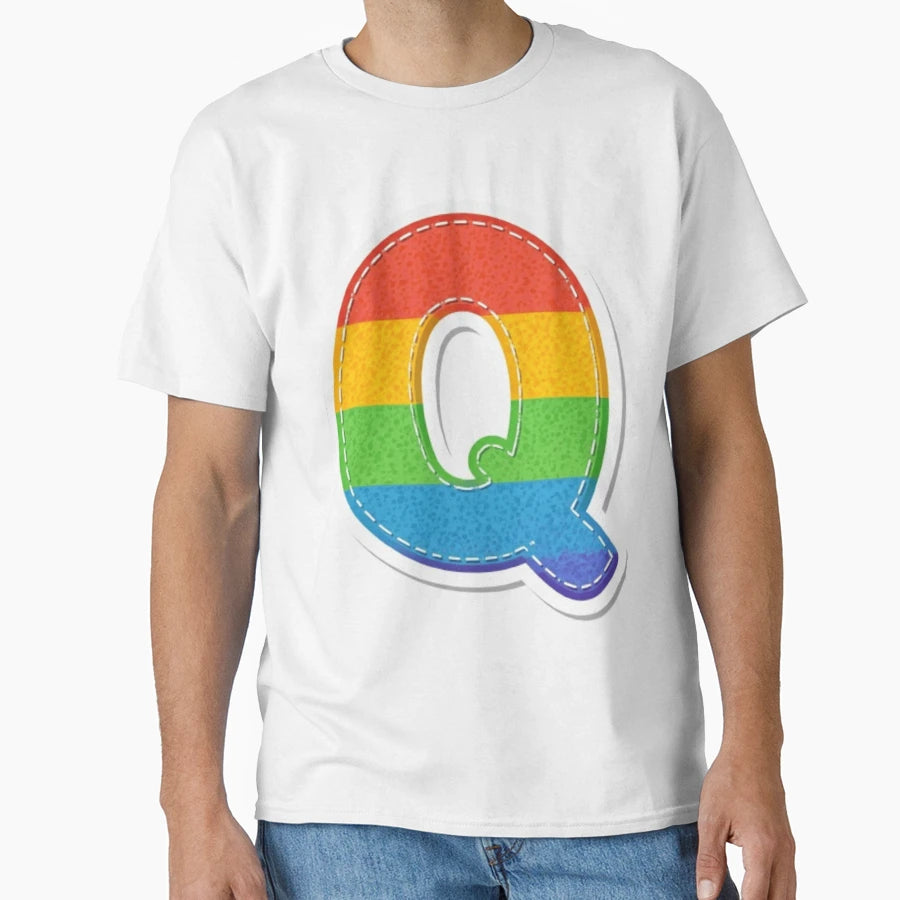 Patch Letter Q Rainbow T-Shirt - Novelty Apparel for Adults - T-Shirt, Sweatshirt, Hoodie