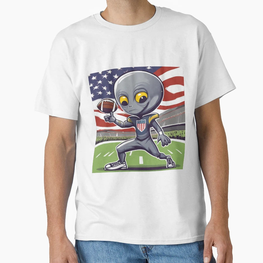 Grey Alien Celebrating American T-Shirt - Aesthetic Graphic for Adults - T-Shirt, Sweatshirt, Hoodie