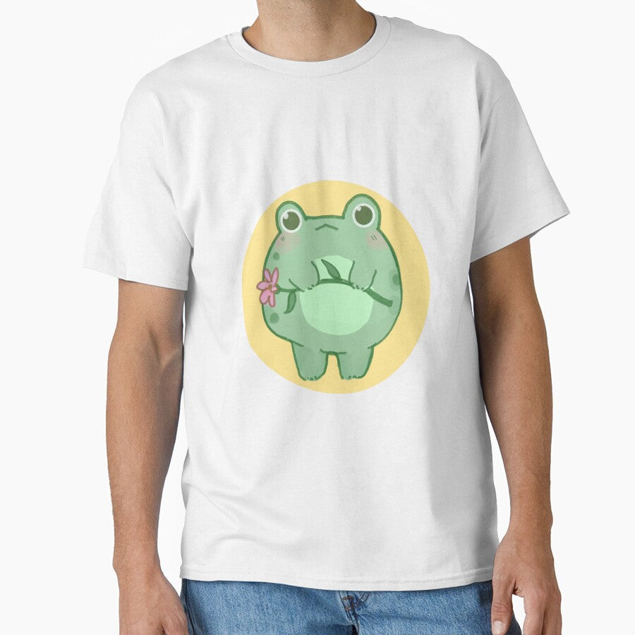 Cute Frog Holding Flower With Yellow Background by - Adult & Kids T-Shirts, Sweatshirts & Hoodies apparel design preview 1