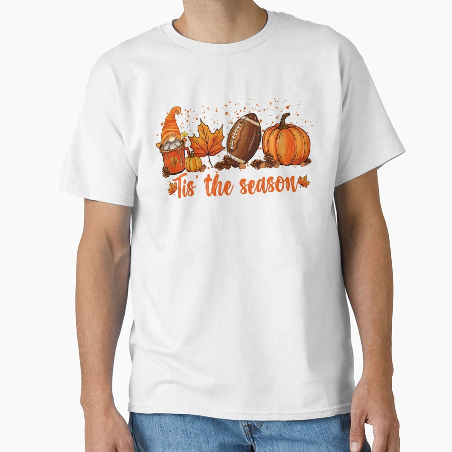 Autumn Tis Season Gnomes Football Pumpkin T-Shirt - Custom Art Print Unisex - T-Shirt, Sweatshirt, Hoodie