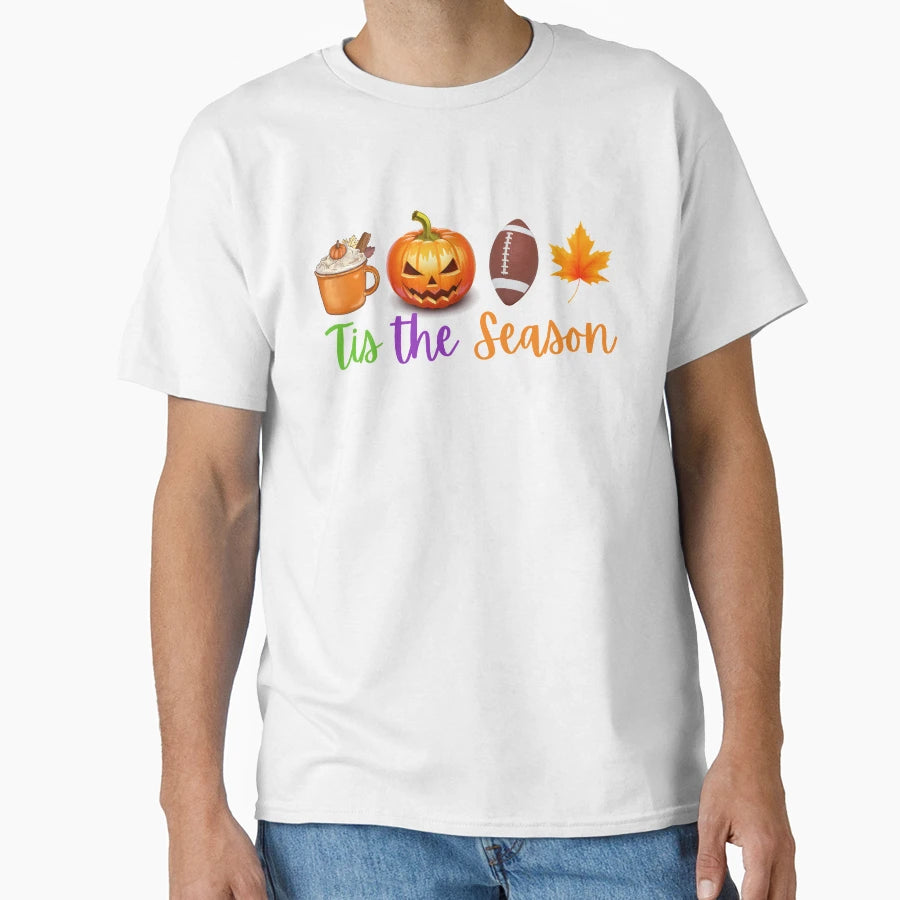 Fall Season Tis Season Coffee Pumpkin T-Shirt - Minimalist Print Unisex - T-Shirt, Sweatshirt, Hoodie