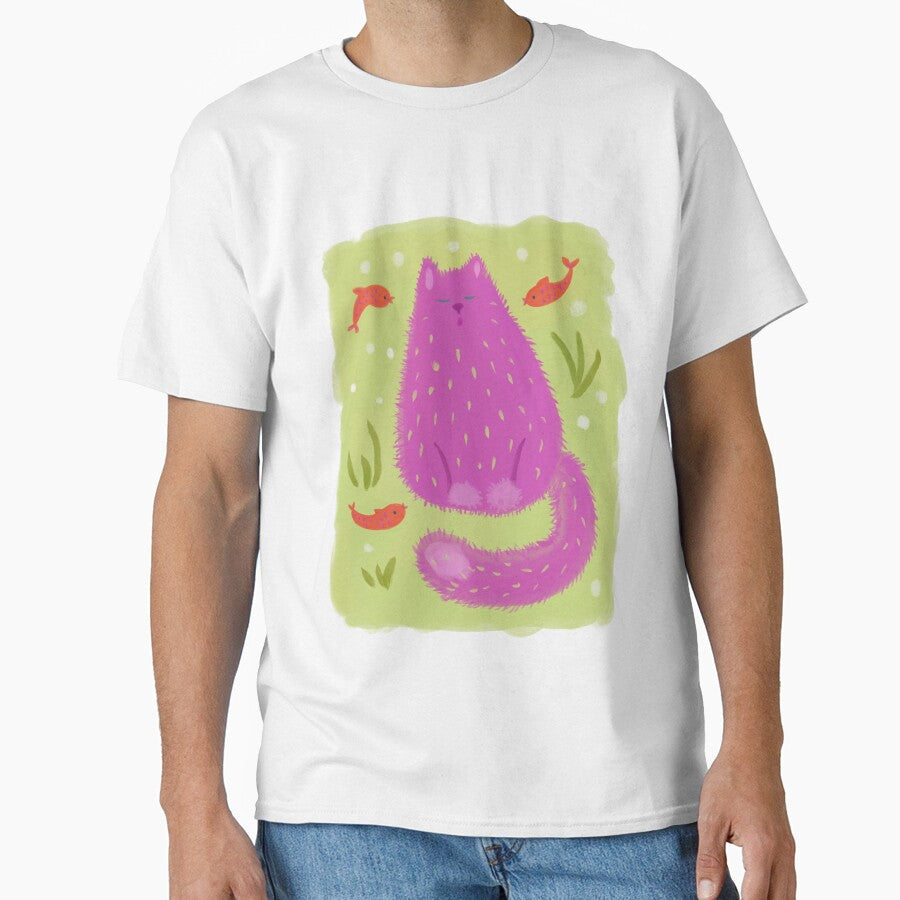Purple Cat and Red Fishs Abstract Painting on Green - Adult & Kids T-Shirts, Sweatshirts & Hoodies apparel design preview 1