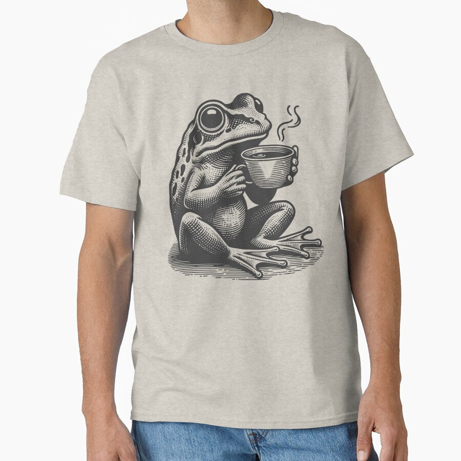 Cute Cottagecore Aesthetic Frog Drink Coffee Vintage - Adult & Kids T-Shirts, Sweatshirts & Hoodies apparel design preview 1