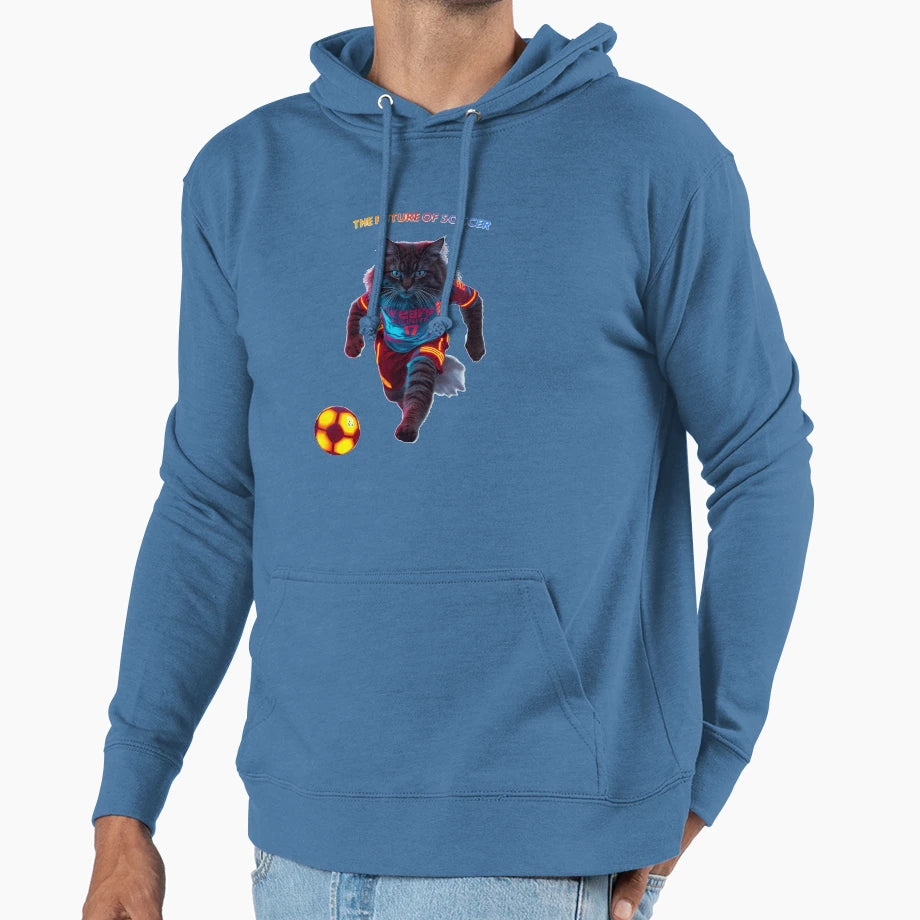 Cyberpunk Soccer Cat Neon Football Striker Hoodie - Unique Graphic Unisex - T-Shirt, Sweatshirt, Hoodie