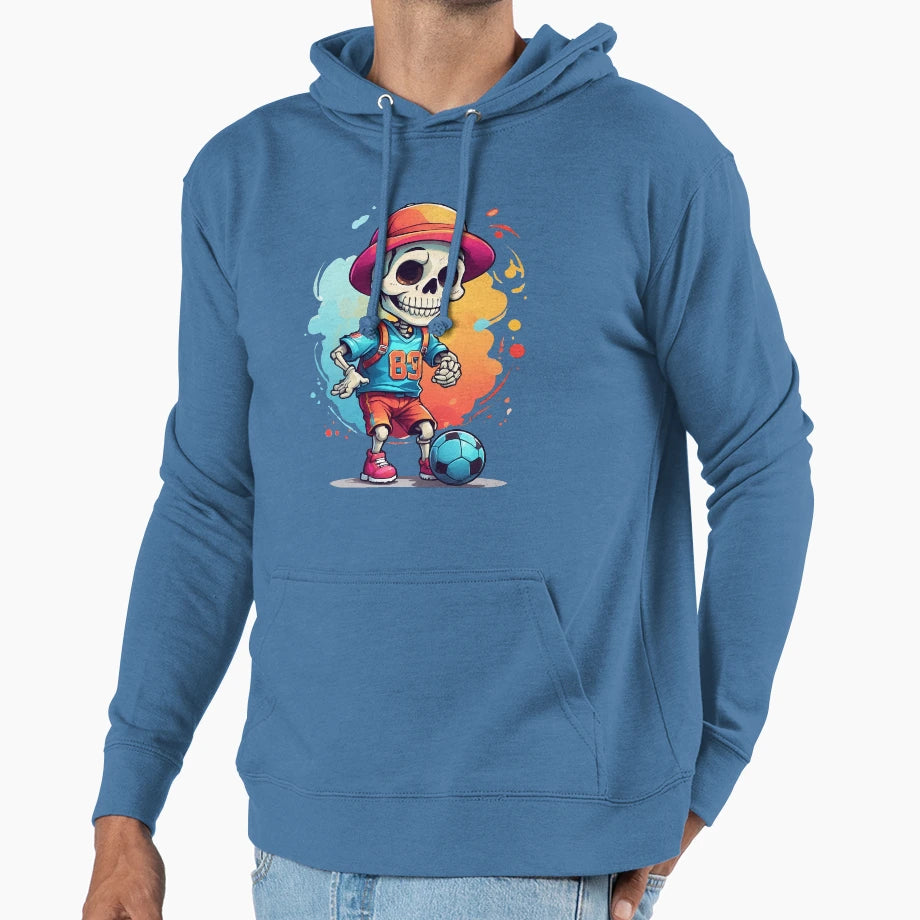 Cartoon Skull Playing Soccer Hoodie - Streetwear Style Unisex - T-Shirt, Sweatshirt, Hoodie