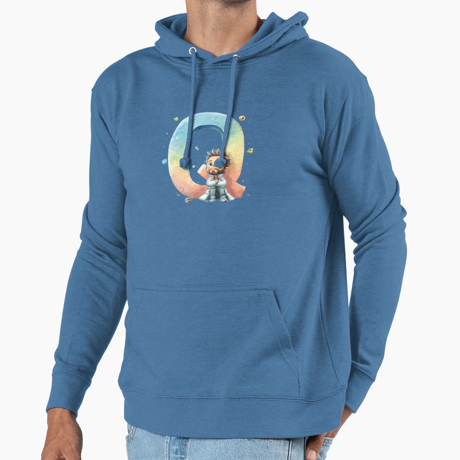 Bearded Sitting Front Giant Letter Q Hoodie - Minimalist Print Unisex - T-Shirt, Sweatshirt, Hoodie