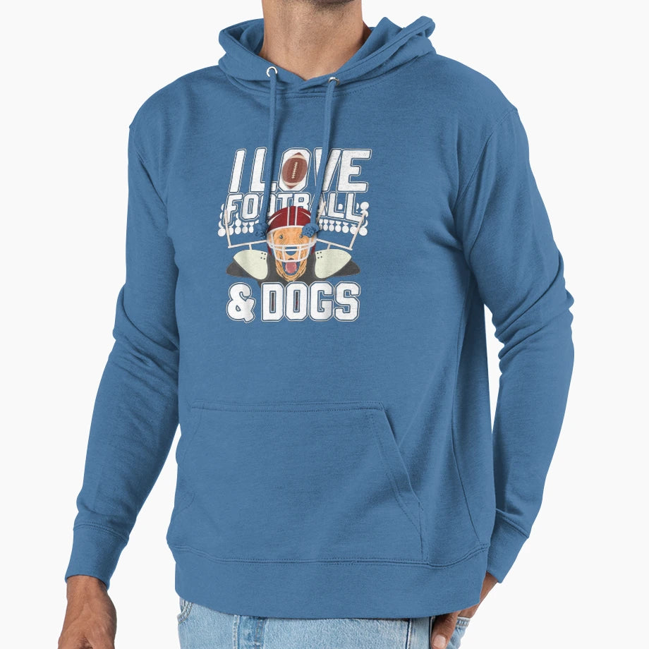 I Love Football Dogs Hoodie - Fun Novelty Design Unisex - T-Shirt, Sweatshirt, Hoodie