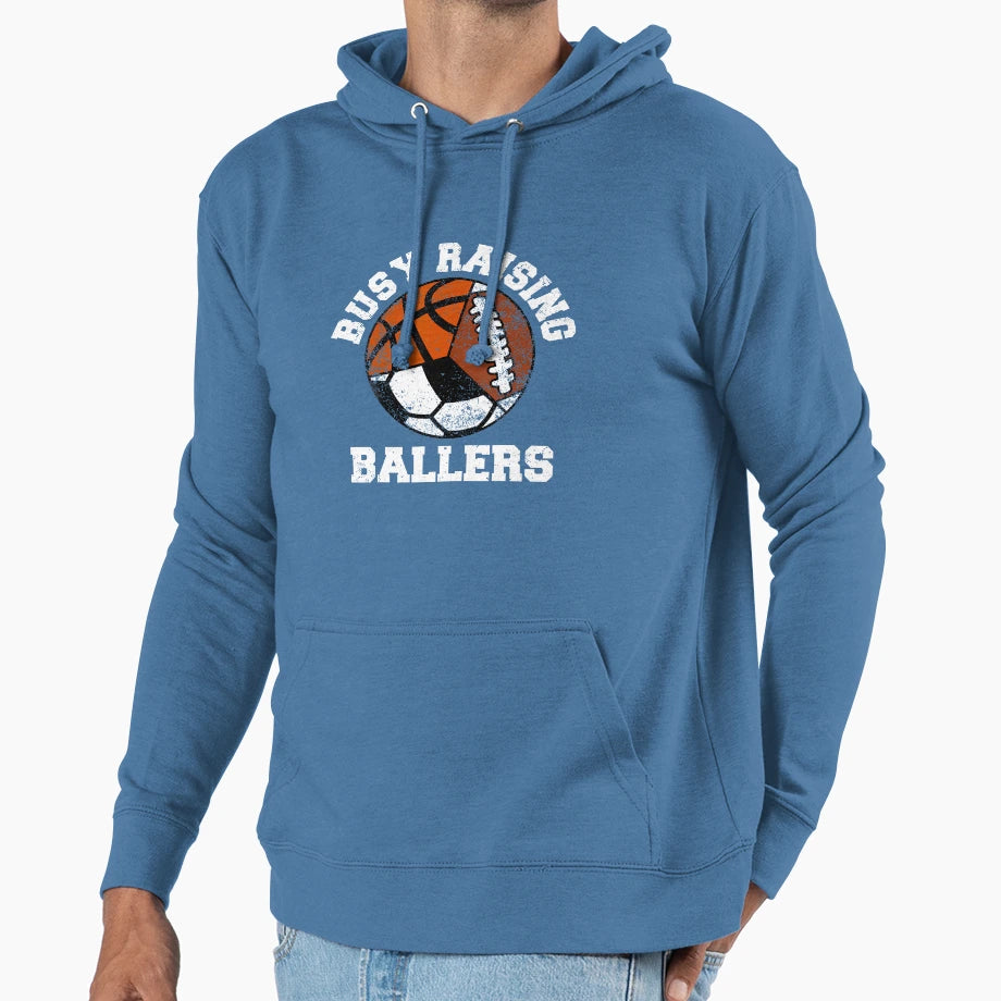 Busy Raising Ballers Funny Football Soccer Hoodie - Novelty Apparel Unisex - T-Shirt, Sweatshirt, Hoodie