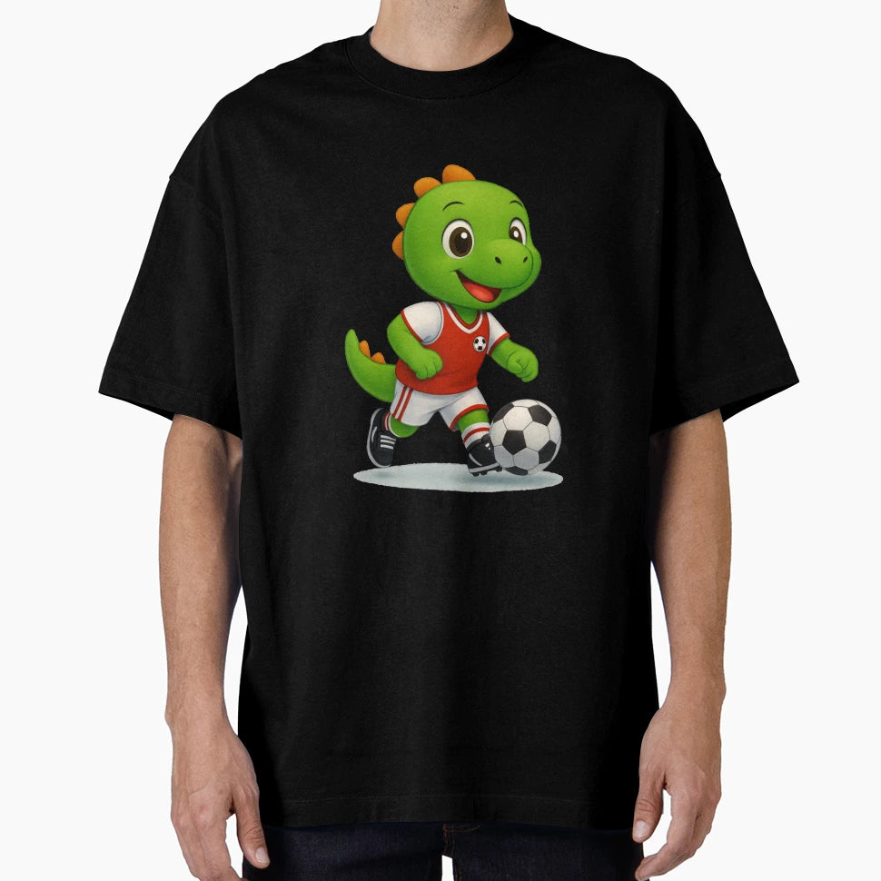 Happy Green Dino Kicking Soccer Ball T-Shirt - Casual Everyday Wear Unisex - T-Shirt, Sweatshirt, Hoodie