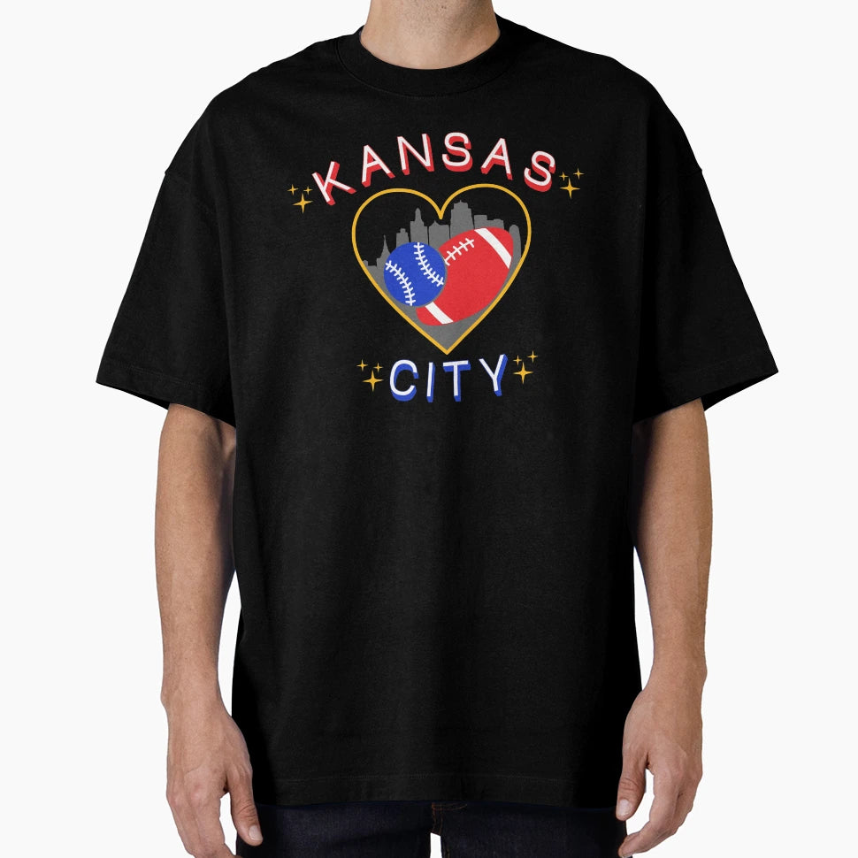 Kansas City Baseball Football Heart T-Shirt - Novelty Apparel Unisex - T-Shirt, Sweatshirt, Hoodie