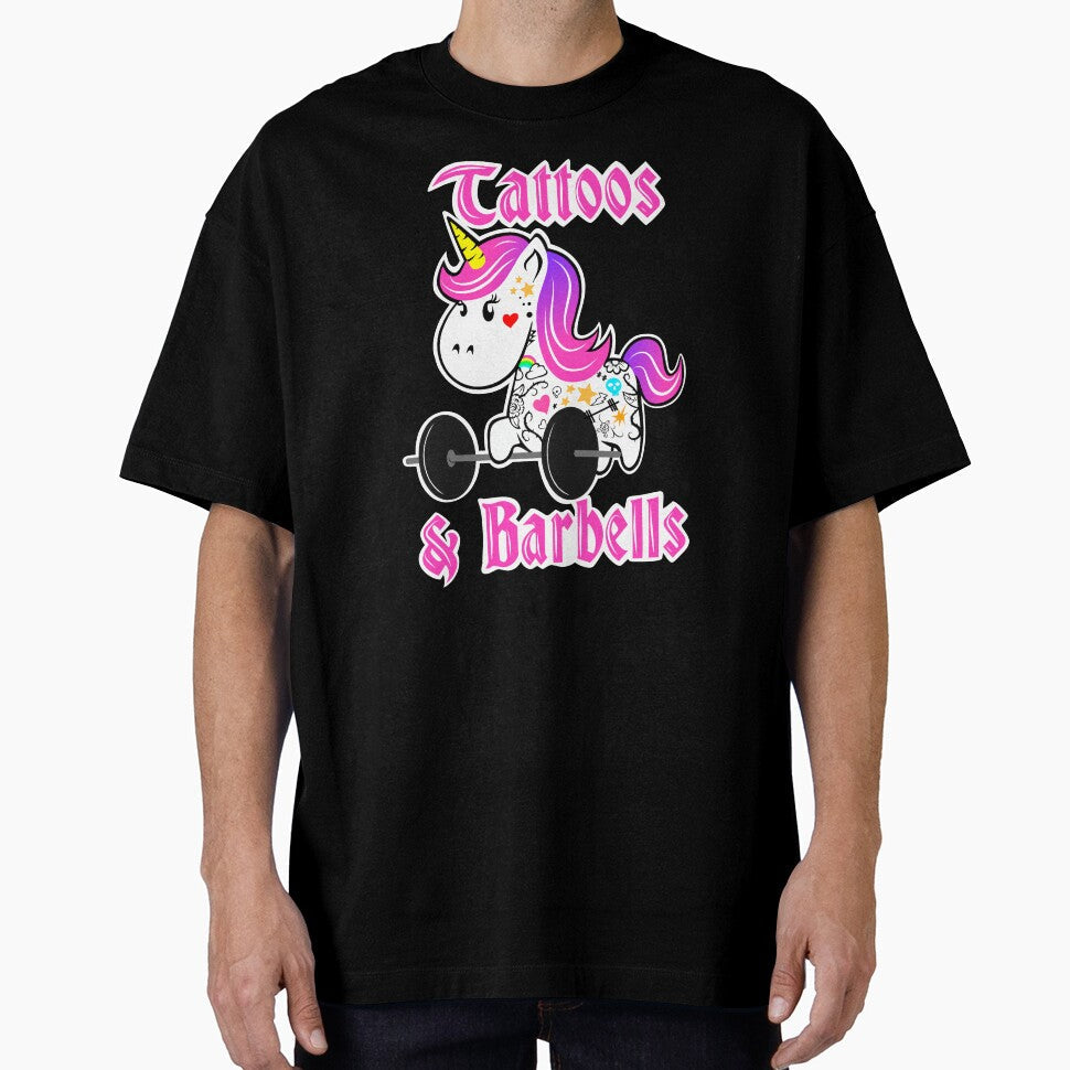 Fitness girl, barbell unicorn, tattoos and barbells - Adult & Kids T-Shirts, Sweatshirts & Hoodies apparel design preview 1