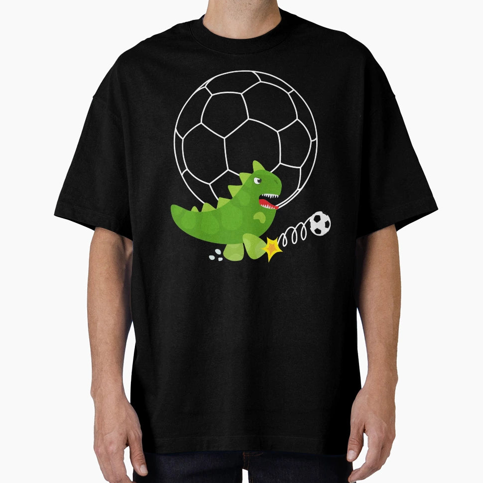 Dinosaur Playing Soccer Navy Background T-Shirt - Graphic Print for Adults - T-Shirt, Sweatshirt, Hoodie