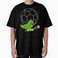 Dinosaur Playing Soccer Navy Background T-Shirt - Graphic Print for Adults - T-Shirt, Sweatshirt, Hoodie