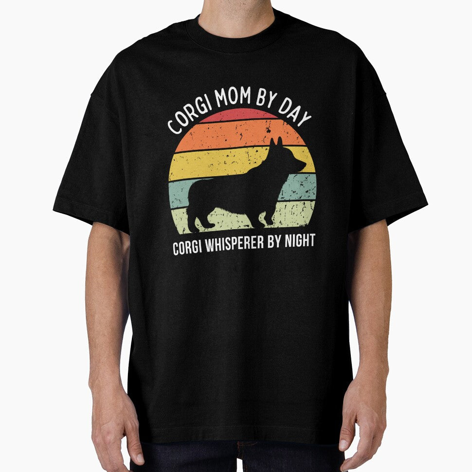 Retro Sunset Corgi Mom by Day design white text - Adult & Kids T-Shirts, Sweatshirts & Hoodies apparel design preview 1