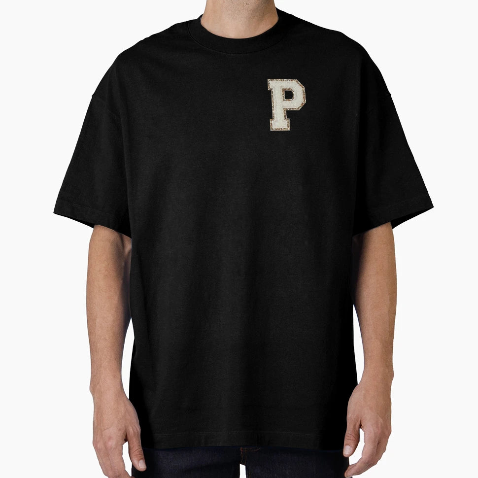 P Blanc Glitter Varsity Letter Patches T-Shirt - Minimalist Print Men Women - T-Shirt, Sweatshirt, Hoodie