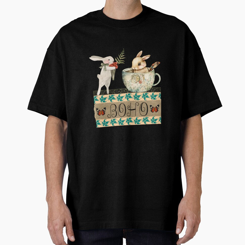 Elegant Boho Rabbit Tea Cup Collage by GorinART - Adult & Kids T-Shirts, Sweatshirts & Hoodies apparel design preview 1