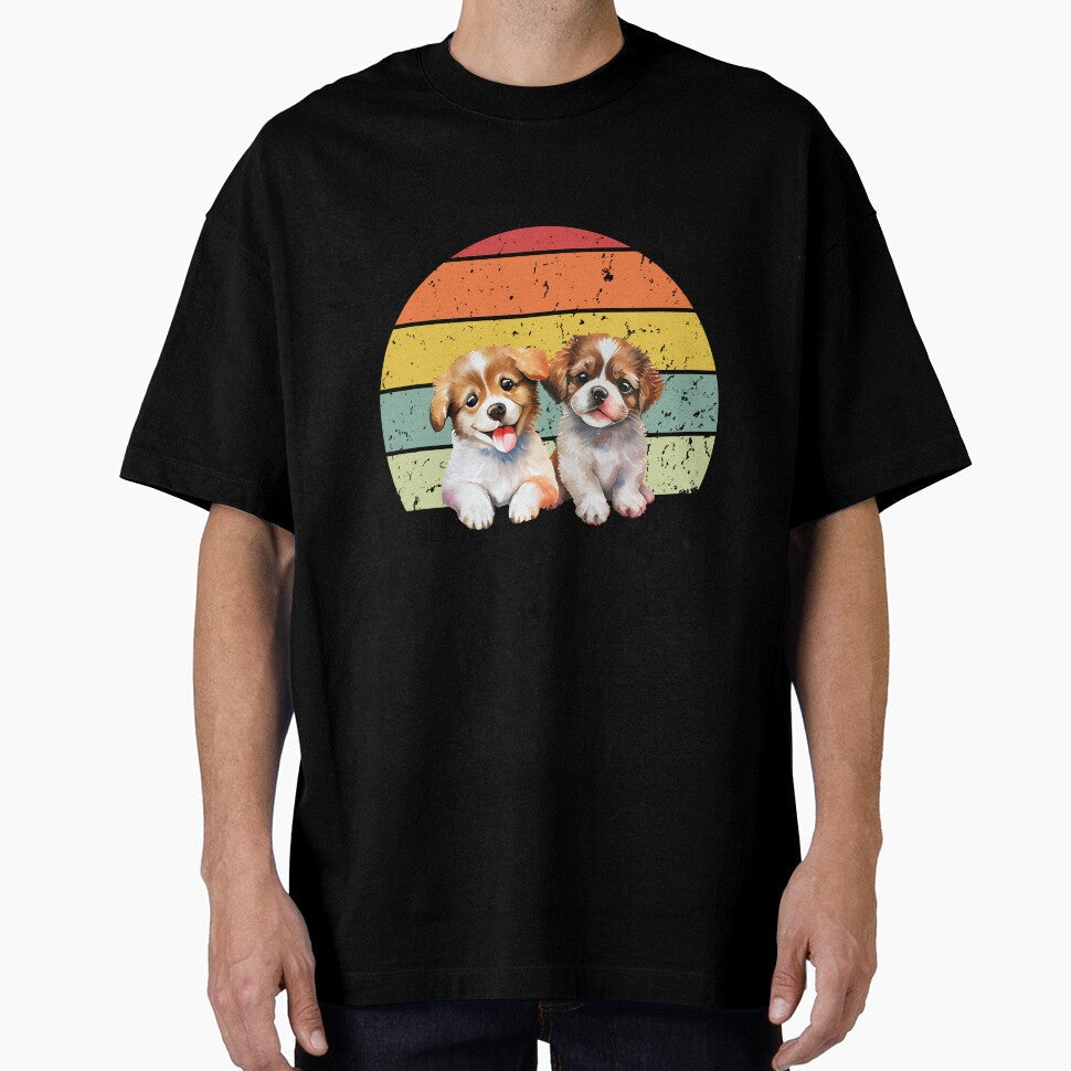 Easily distracted by puppies Retro sunset design - Adult & Kids T-Shirts, Sweatshirts & Hoodies apparel design preview 1